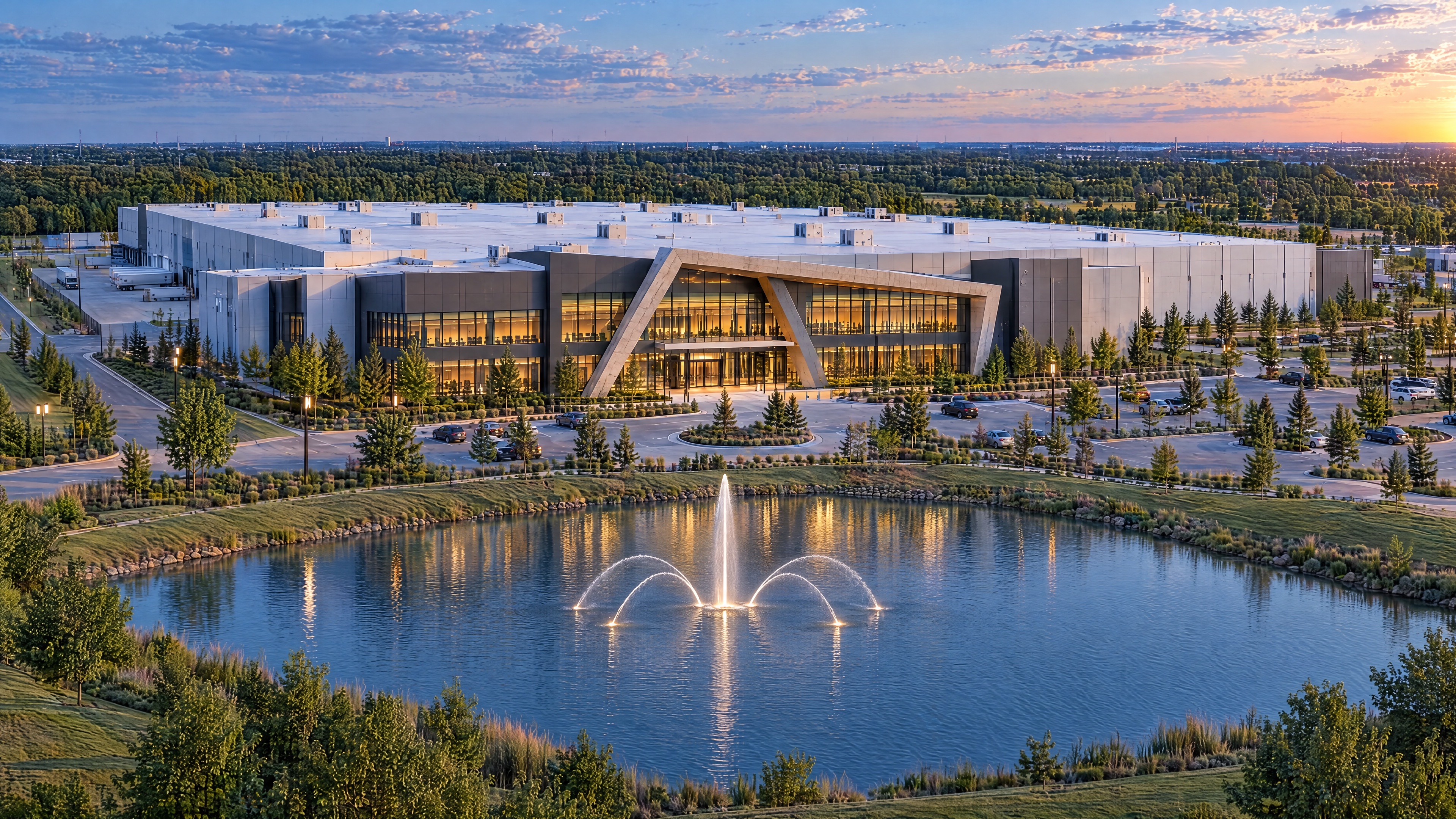 Completed commercial building with a pond in front of its corporate entrance